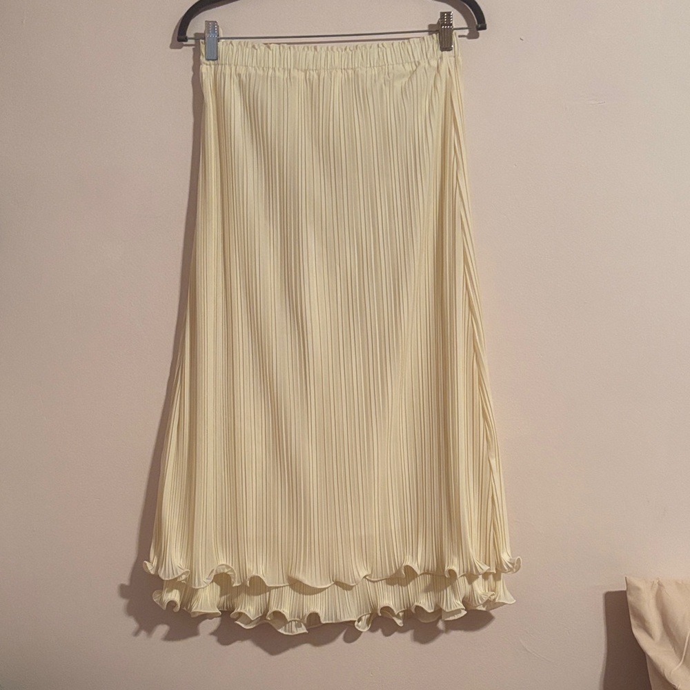 Anthropologie Cream Pleated Midi Skirt with Ruffle Hem